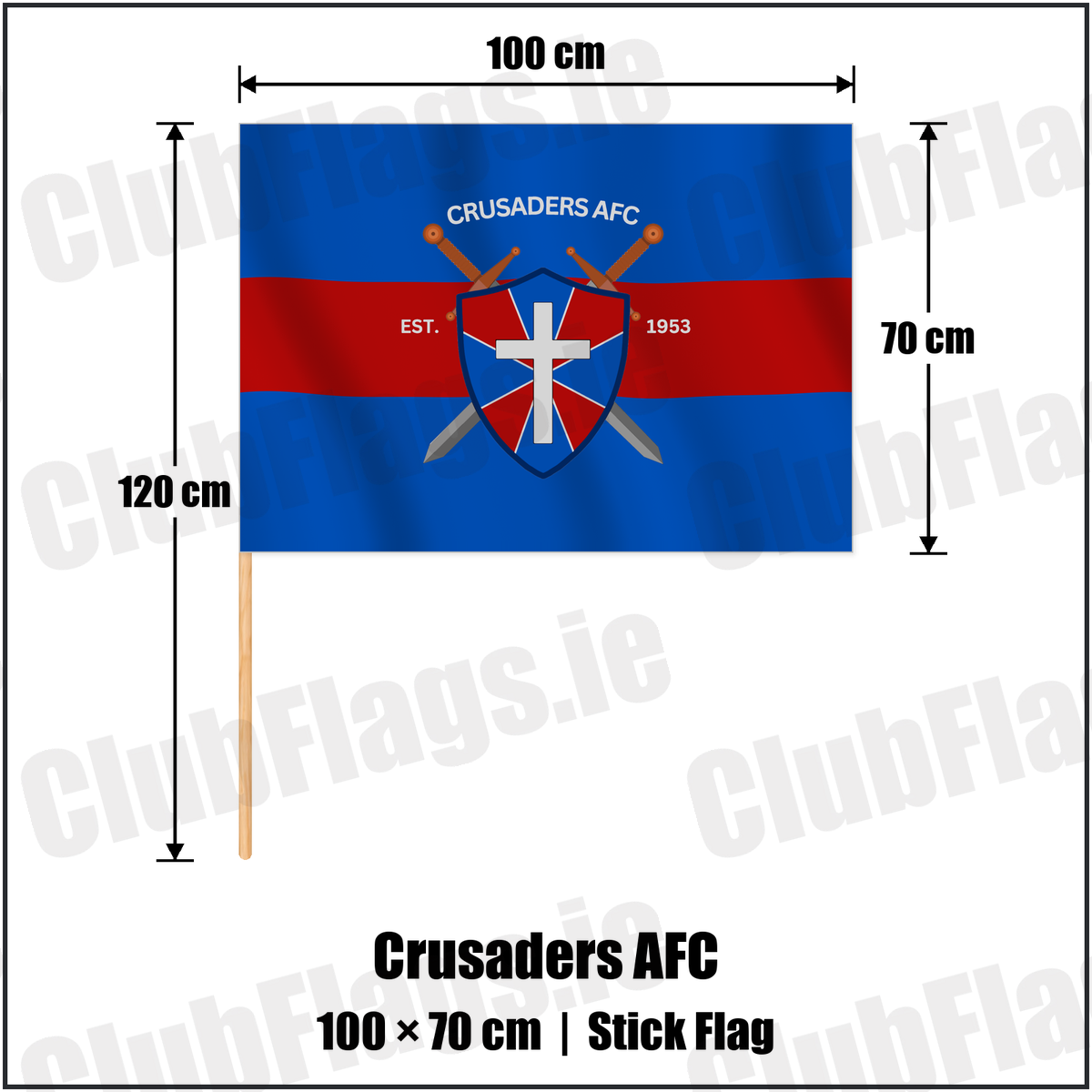 Crusaders AFC 70cm x 100cm Stick Flag with the club crest and colours, Waterford Football - ClubFlags.ie