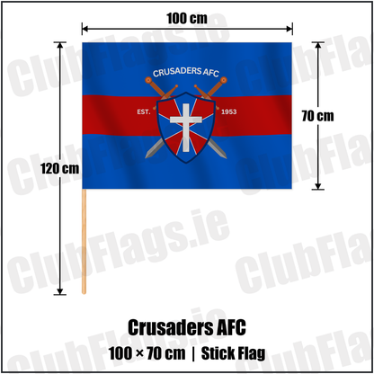 Crusaders AFC 70cm x 100cm Stick Flag with the club crest and colours, Waterford Football - ClubFlags.ie