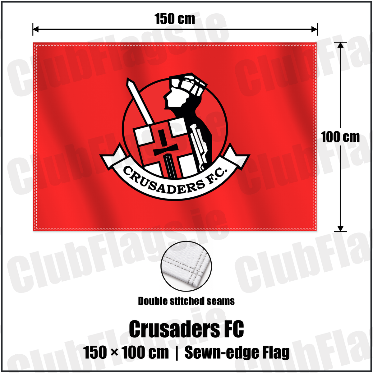 Crusaders FC 100cm x 150cm Flag (sewn on the edges) with the club crest and colours, Antrim Football - ClubFlags.ie
