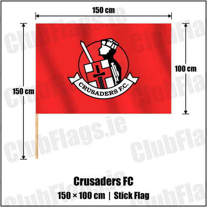Crusaders FC 100cm x 150cm Stick Flag with the club crest and colours, Antrim Football - ClubFlags.ie