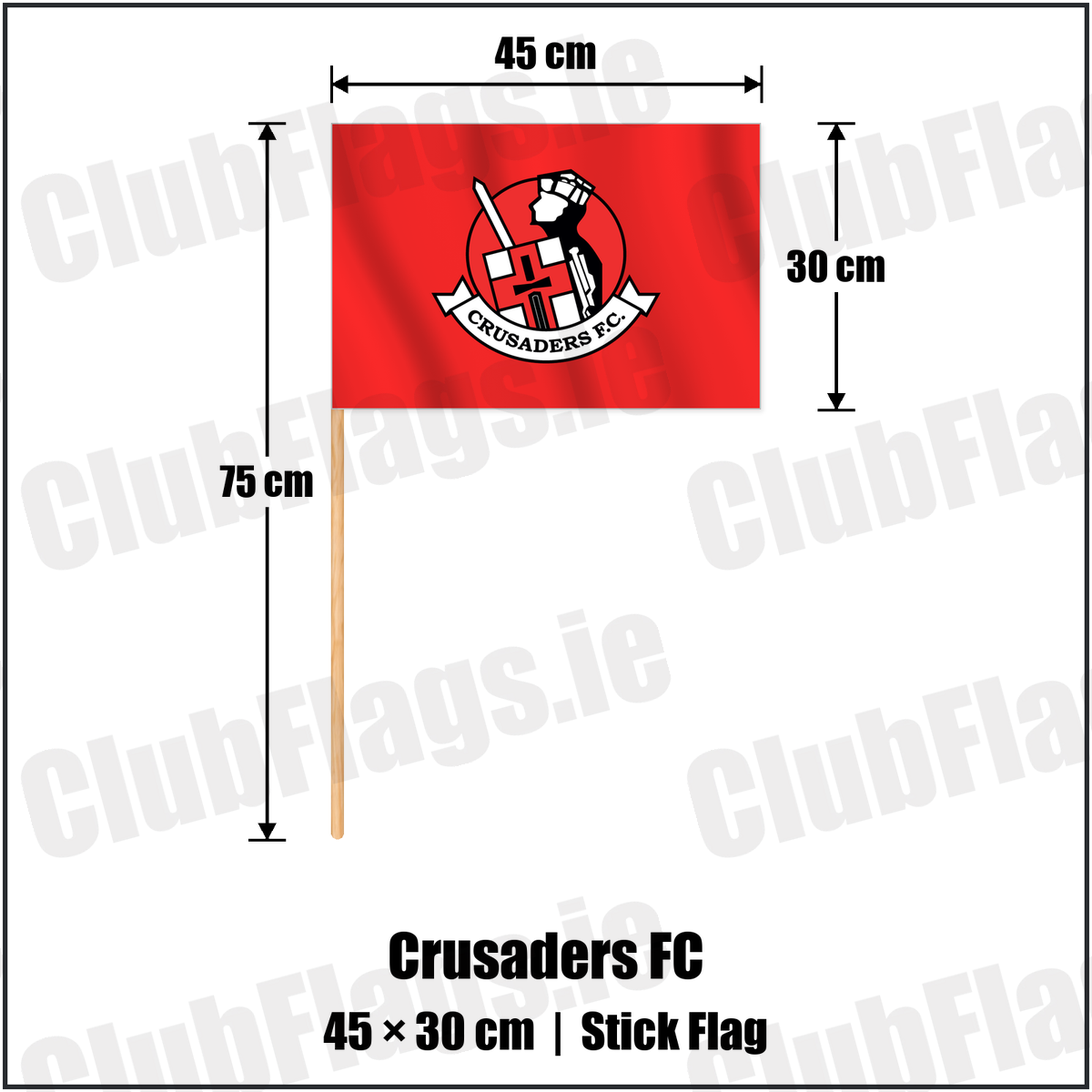 Crusaders FC 30cm x 45cm Stick Flag with the club crest and colours, Antrim Football - ClubFlags.ie