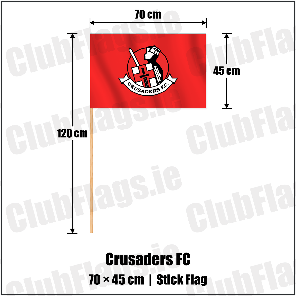Crusaders FC 45cm x 70cm Stick Flag with the club crest and colours, Antrim Football - ClubFlags.ie