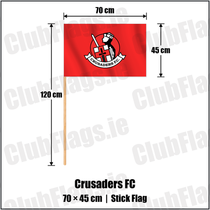 Crusaders FC 45cm x 70cm Stick Flag with the club crest and colours, Antrim Football - ClubFlags.ie