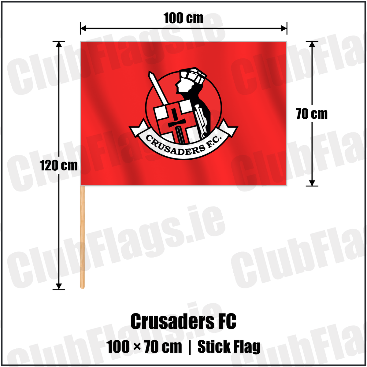 Crusaders FC 70cm x 100cm Stick Flag with the club crest and colours, Antrim Football - ClubFlags.ie