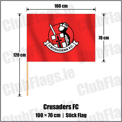 Crusaders FC 70cm x 100cm Stick Flag with the club crest and colours, Antrim Football - ClubFlags.ie