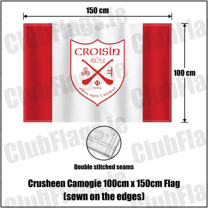 Crusheen Camogie 100cm x 150cm Flag (sewn on the edges), featuring the club crest and red and white colours; County Clare camogie. ClubFlags.ie.