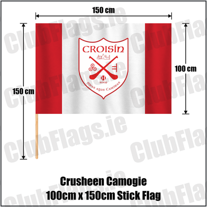 Crusheen Camogie 100cm x 150cm Stick Flag, featuring the club crest and red and white colours; County Clare camogie. ClubFlags.ie.