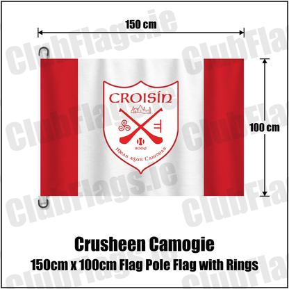 Crusheen Camogie 150cm x 100cm Flag Pole Flag with Rings, featuring the club crest and red and white colours; County Clare camogie. ClubFlags.ie.