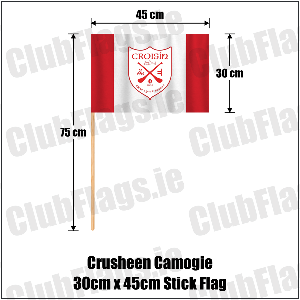 Crusheen Camogie 30cm x 45cm Stick Flag, featuring the club crest and red and white colours; County Clare camogie. ClubFlags.ie.