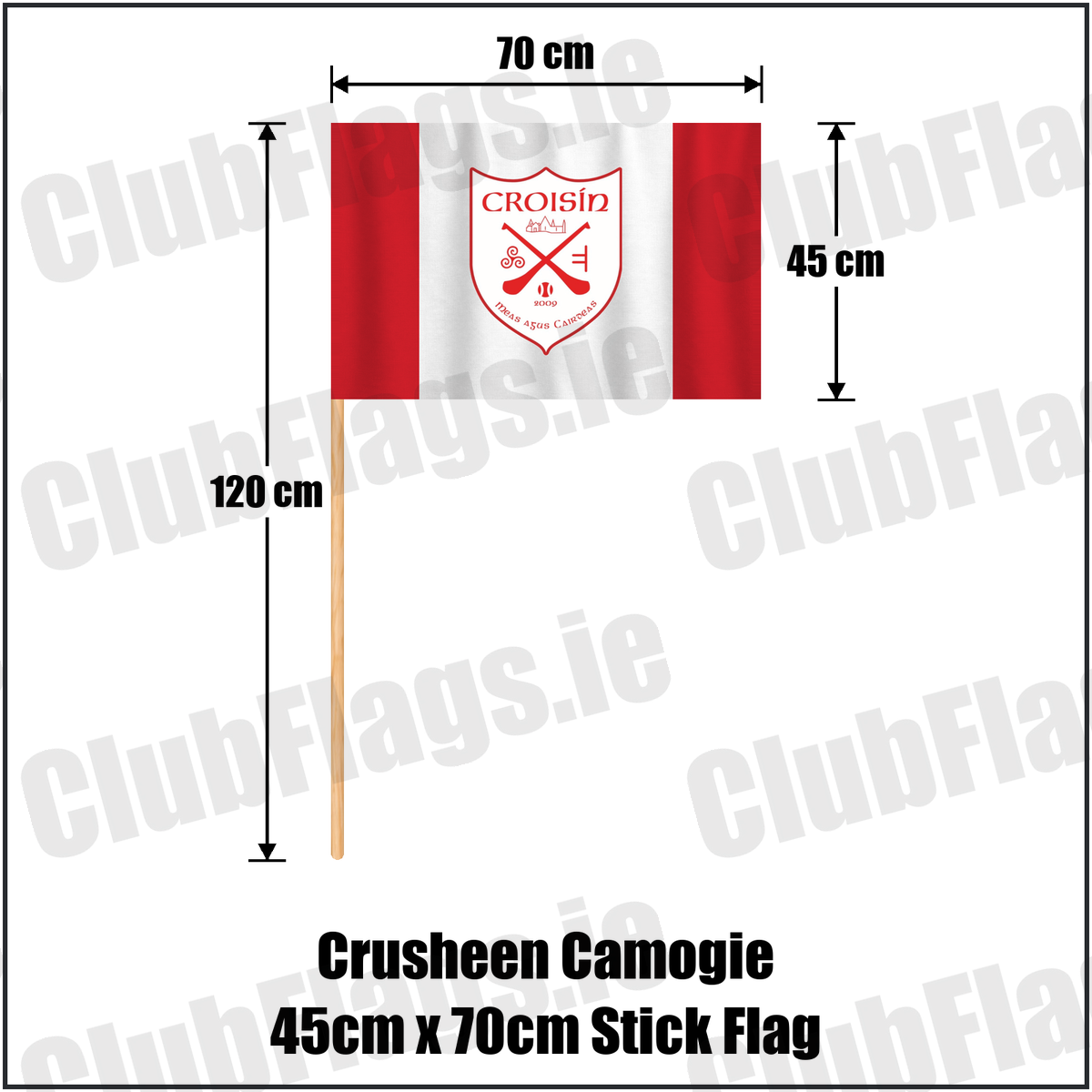 Crusheen Camogie 45cm x 70cm Stick Flag, featuring the club crest and red and white colours; County Clare camogie. ClubFlags.ie.