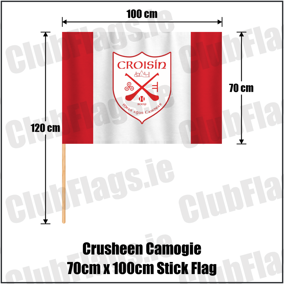 Crusheen Camogie 70cm x 100cm Stick Flag, featuring the club crest and red and white colours; County Clare camogie. ClubFlags.ie.