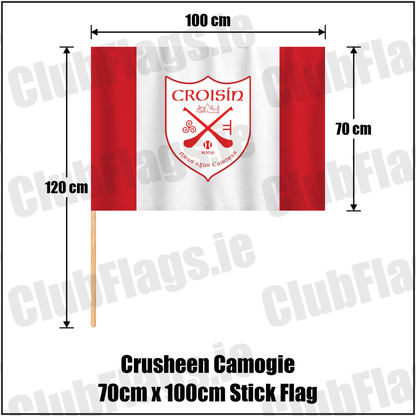 Crusheen Camogie 70cm x 100cm Stick Flag, featuring the club crest and red and white colours; County Clare camogie. ClubFlags.ie.