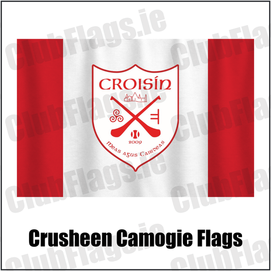 Crusheen Camogie Flags, featuring the club crest and red and white colours; County Clare camogie. ClubFlags.ie.