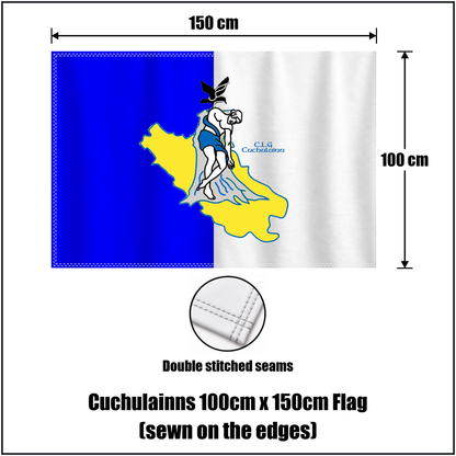 Cuchulainns 100cm x 150cm Flag (sewn on the edges), featuring the club crest and white and blue colours; County Cavan GAA. ClubFlags.ie.