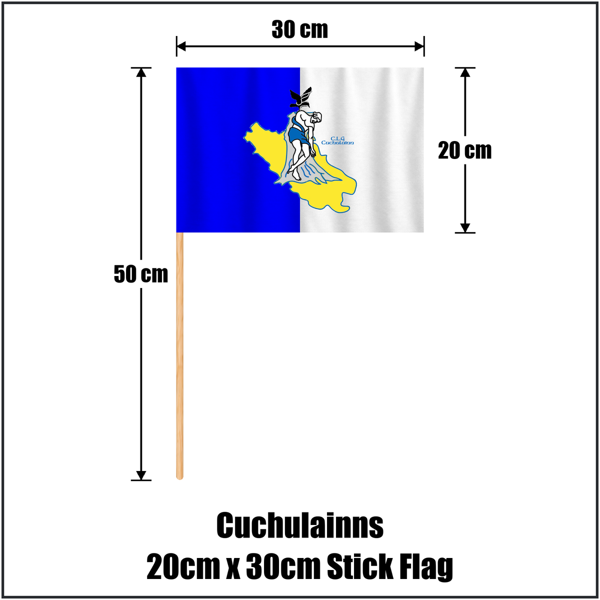 Cuchulainns 20cm x 30cm Stick Flag, featuring the club crest and white and blue colours; County Cavan GAA. ClubFlags.ie.