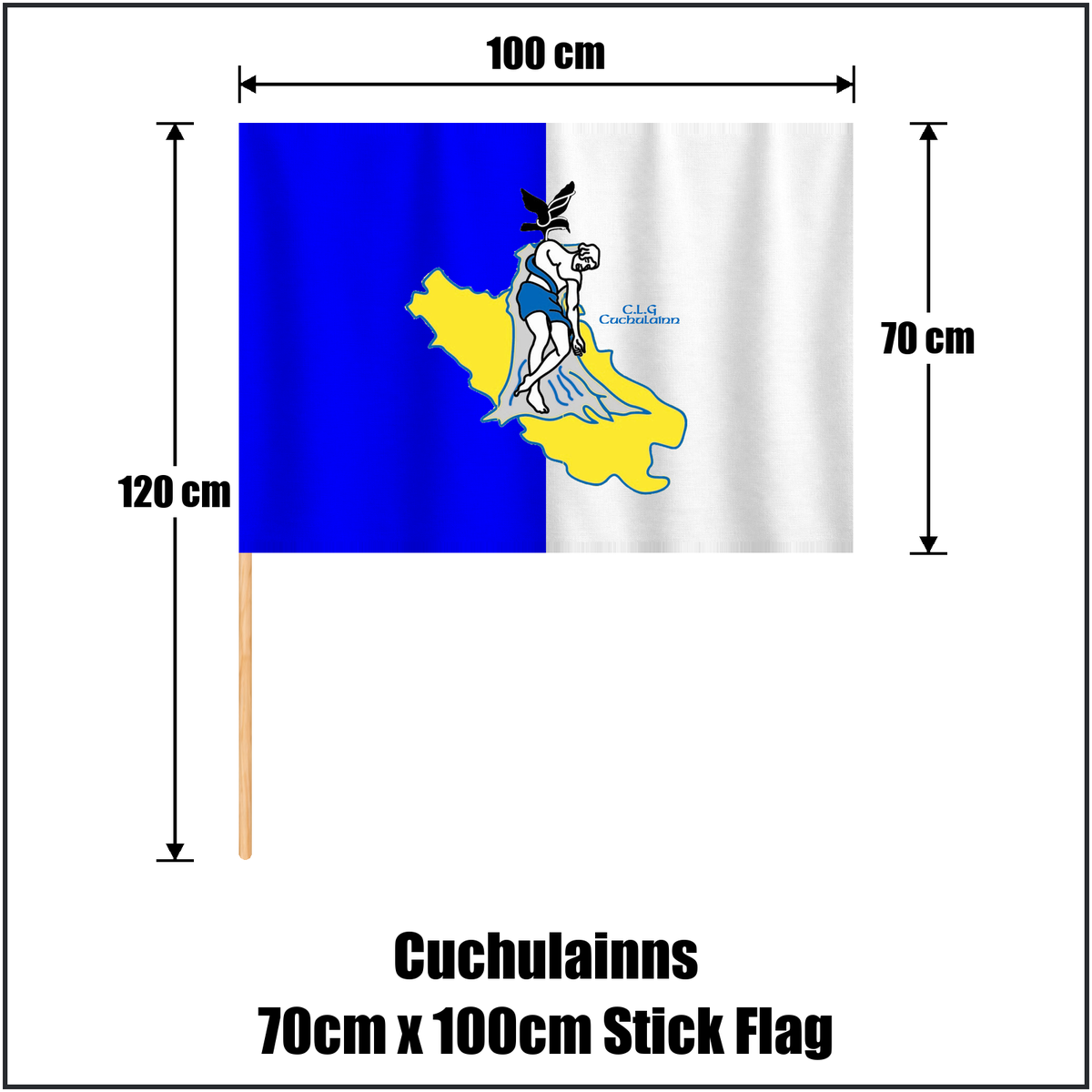 Cuchulainns 70cm x 100cm Stick Flag, featuring the club crest and white and blue colours; County Cavan GAA. ClubFlags.ie.