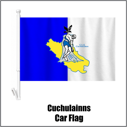 Cuchulainns Car Flag, featuring the club crest and white and blue colours; County Cavan GAA. ClubFlags.ie.