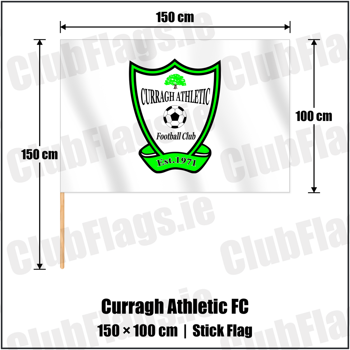 Curragh Athletic FC 100cm x 150cm Stick Flag with the club crest and colours, Donegal Football - ClubFlags.ie