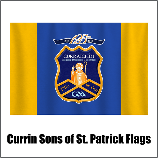 Currin Sons of St. Patrick Flags, featuring the club crest and royal blue and amber colours; County Monaghan GAA. ClubFlags.ie.