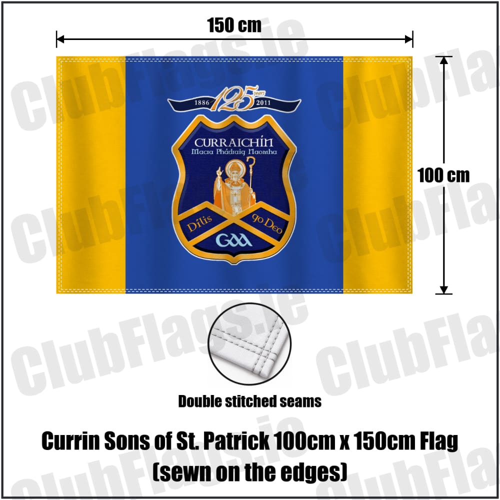 Currin Sons of St. Patrick 100cm x 150cm Flag (sewn on the edges) in royal blue and amber, featuring the club crest on realistic fabric with gentle vertical folds; County Monaghan GAA. ClubFlags.ie.