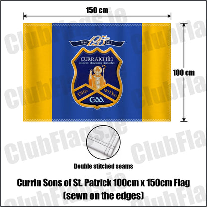 Currin Sons of St. Patrick 100cm x 150cm Flag (sewn on the edges) in royal blue and amber, featuring the club crest on realistic fabric with gentle vertical folds; County Monaghan GAA. ClubFlags.ie.