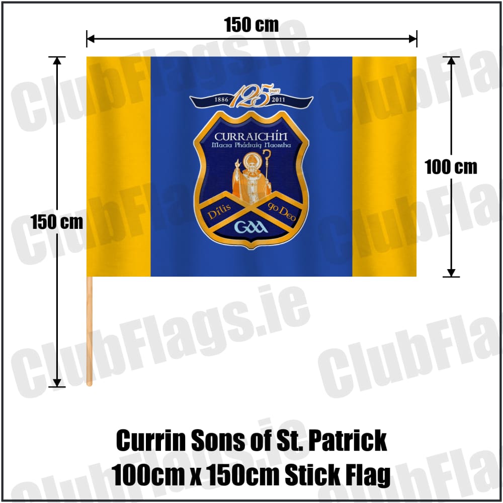 Currin Sons of St. Patrick 100cm x 150cm Stick Flag in royal blue and amber, featuring the club crest on realistic fabric with gentle vertical folds; County Monaghan GAA. ClubFlags.ie.
