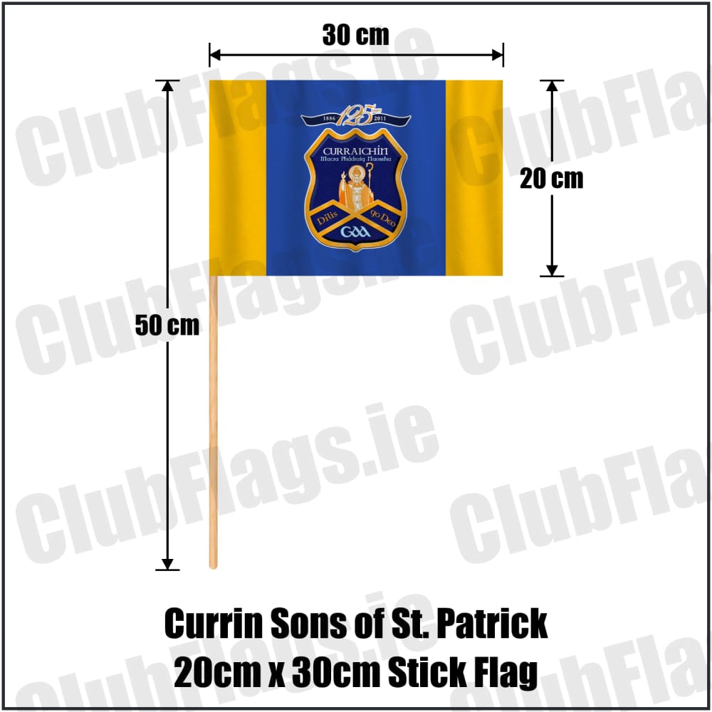 Currin Sons of St. Patrick 20cm x 30cm Stick Flag in royal blue and amber, featuring the club crest on realistic fabric with gentle vertical folds; County Monaghan GAA. ClubFlags.ie.