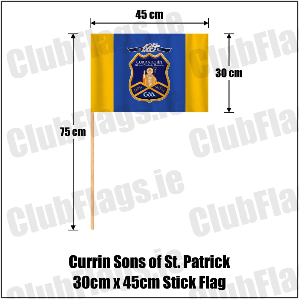 Currin Sons of St. Patrick 30cm x 45cm Stick Flag in royal blue and amber, featuring the club crest on realistic fabric with gentle vertical folds; County Monaghan GAA. ClubFlags.ie.