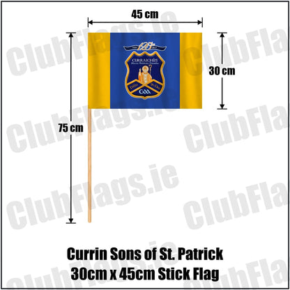 Currin Sons of St. Patrick 30cm x 45cm Stick Flag in royal blue and amber, featuring the club crest on realistic fabric with gentle vertical folds; County Monaghan GAA. ClubFlags.ie.