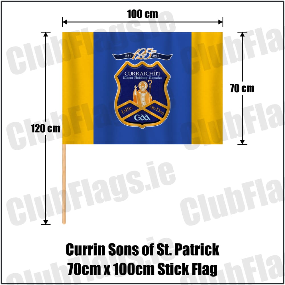 Currin Sons of St. Patrick 70cm x 100cm Stick Flag in royal blue and amber, featuring the club crest on realistic fabric with gentle vertical folds; County Monaghan GAA. ClubFlags.ie.