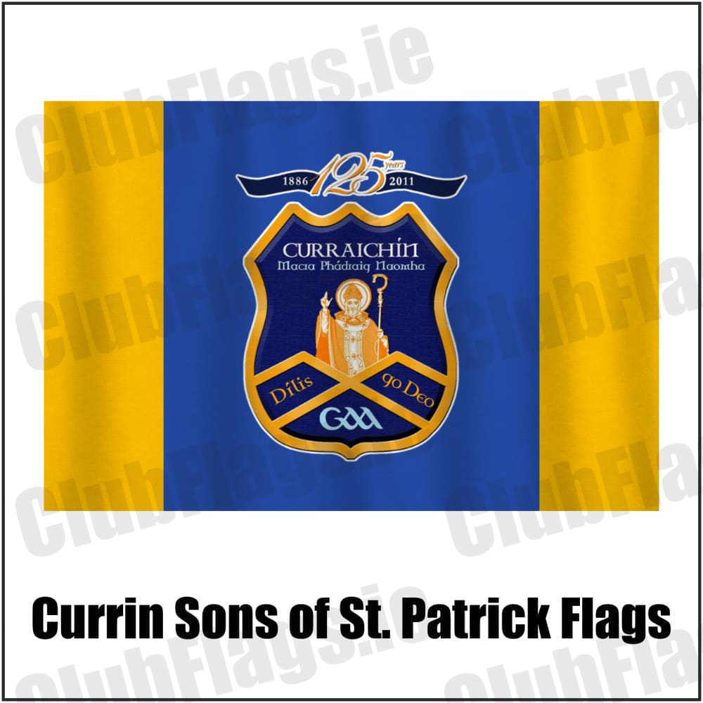 Currin Sons of St. Patrick Flags in royal blue and amber, featuring the club crest on realistic fabric with gentle vertical folds; County Monaghan GAA. ClubFlags.ie.