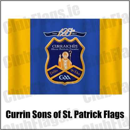 Currin Sons of St. Patrick Flags in royal blue and amber, featuring the club crest on realistic fabric with gentle vertical folds; County Monaghan GAA. ClubFlags.ie.