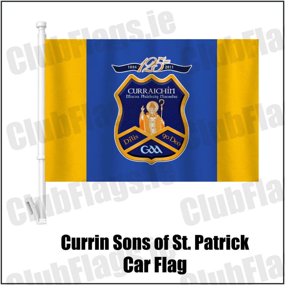 Currin Sons of St. Patrick Car Flag in royal blue and amber, featuring the club crest on realistic fabric with gentle vertical folds; County Monaghan GAA. ClubFlags.ie.
