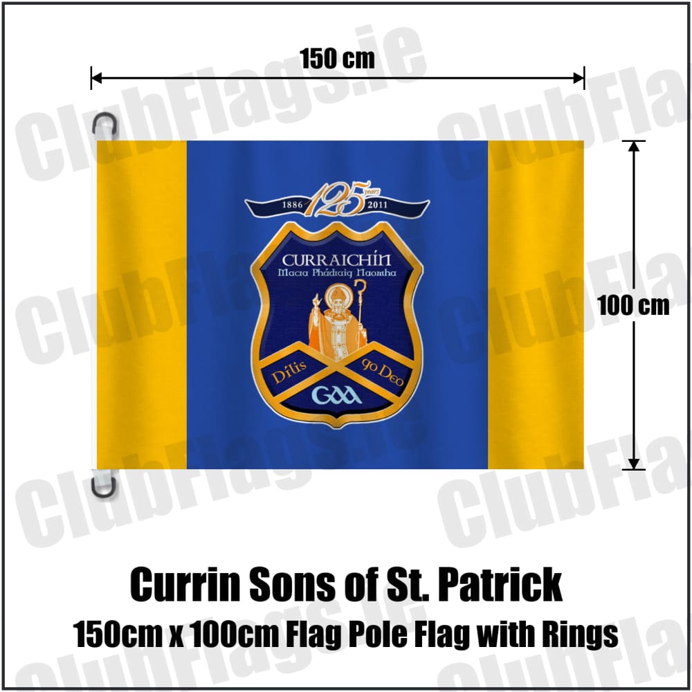 Currin Sons of St. Patrick 150cm x 100cm Flag Pole Flag with Rings in royal blue and amber, featuring the club crest on realistic fabric with gentle vertical folds; County Monaghan GAA. ClubFlags.ie.