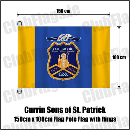 Currin Sons of St. Patrick 150cm x 100cm Flag Pole Flag with Rings in royal blue and amber, featuring the club crest on realistic fabric with gentle vertical folds; County Monaghan GAA. ClubFlags.ie.