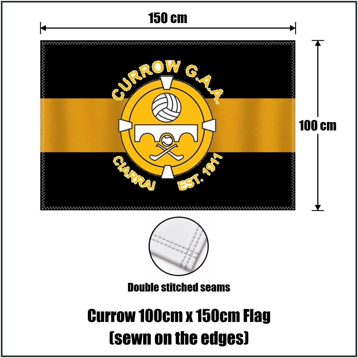 Currow 100cm x 150cm Flag (sewn on the edges), featuring the club crest and black and amber colours; County Kerry GAA. ClubFlags.ie.