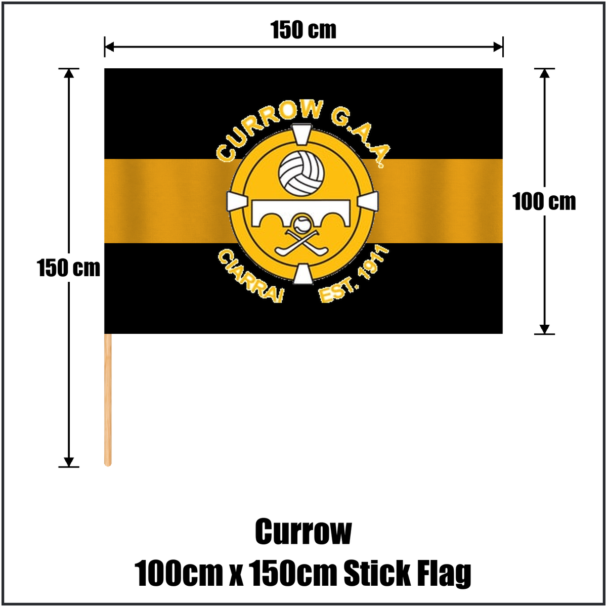 Currow 100cm x 150cm Stick Flag, featuring the club crest and black and amber colours; County Kerry GAA. ClubFlags.ie.