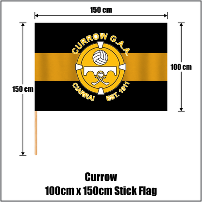 Currow 100cm x 150cm Stick Flag, featuring the club crest and black and amber colours; County Kerry GAA. ClubFlags.ie.