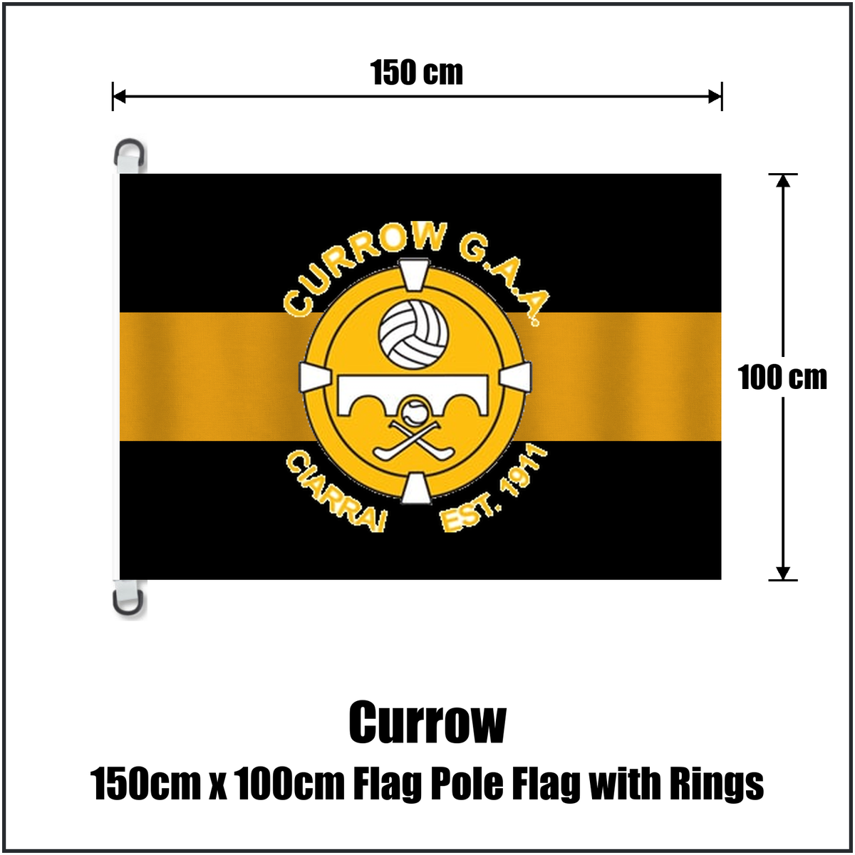 Currow 150cm x 100cm Flag Pole Flag with Rings, featuring the club crest and black and amber colours; County Kerry GAA. ClubFlags.ie.