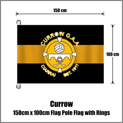 Currow 150cm x 100cm Flag Pole Flag with Rings, featuring the club crest and black and amber colours; County Kerry GAA. ClubFlags.ie.