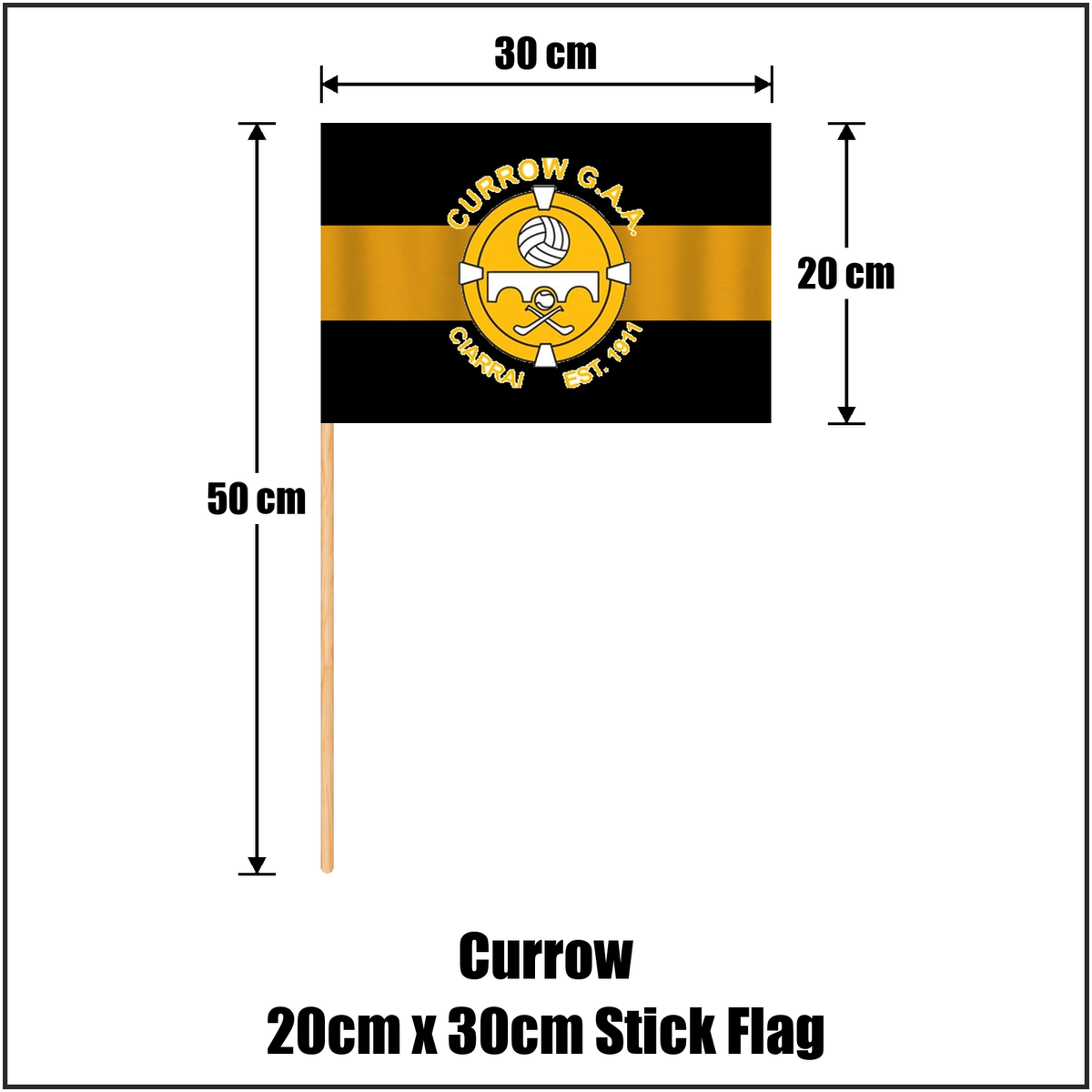 Currow 20cm x 30cm Stick Flag, featuring the club crest and black and amber colours; County Kerry GAA. ClubFlags.ie.