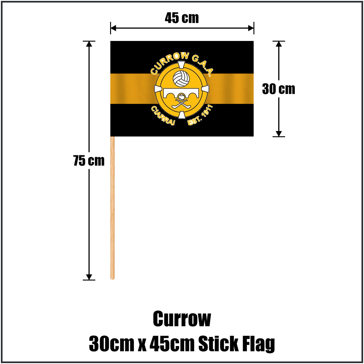 Currow 30cm x 45cm Stick Flag, featuring the club crest and black and amber colours; County Kerry GAA. ClubFlags.ie.