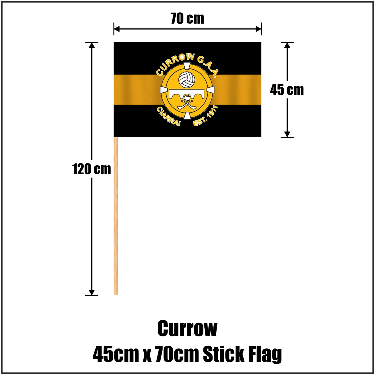 Currow 45cm x 70cm Stick Flag, featuring the club crest and black and amber colours; County Kerry GAA. ClubFlags.ie.