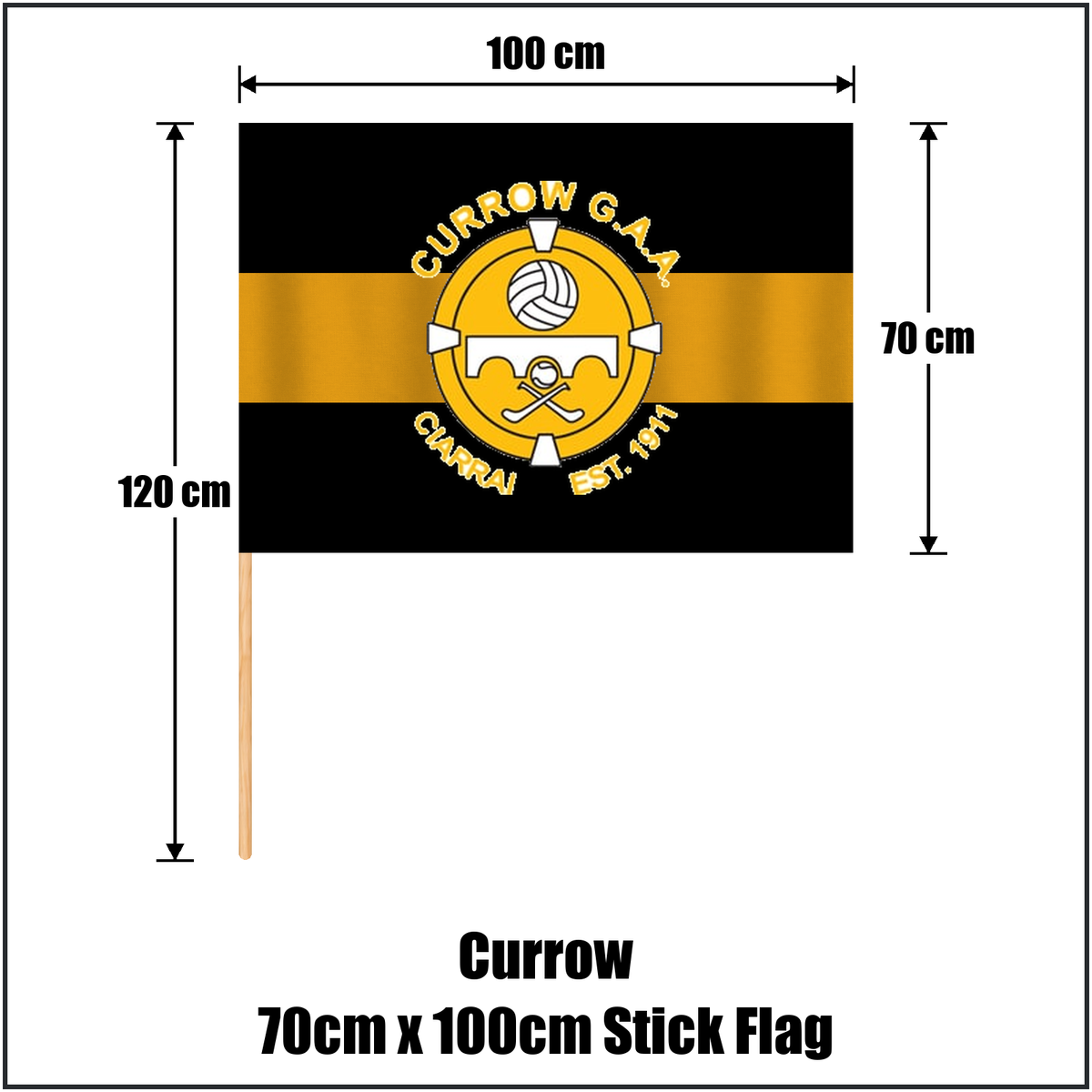 Currow 70cm x 100cm Stick Flag, featuring the club crest and black and amber colours; County Kerry GAA. ClubFlags.ie.