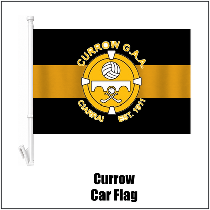 Currow Car Flag, featuring the club crest and black and amber colours; County Kerry GAA. ClubFlags.ie.