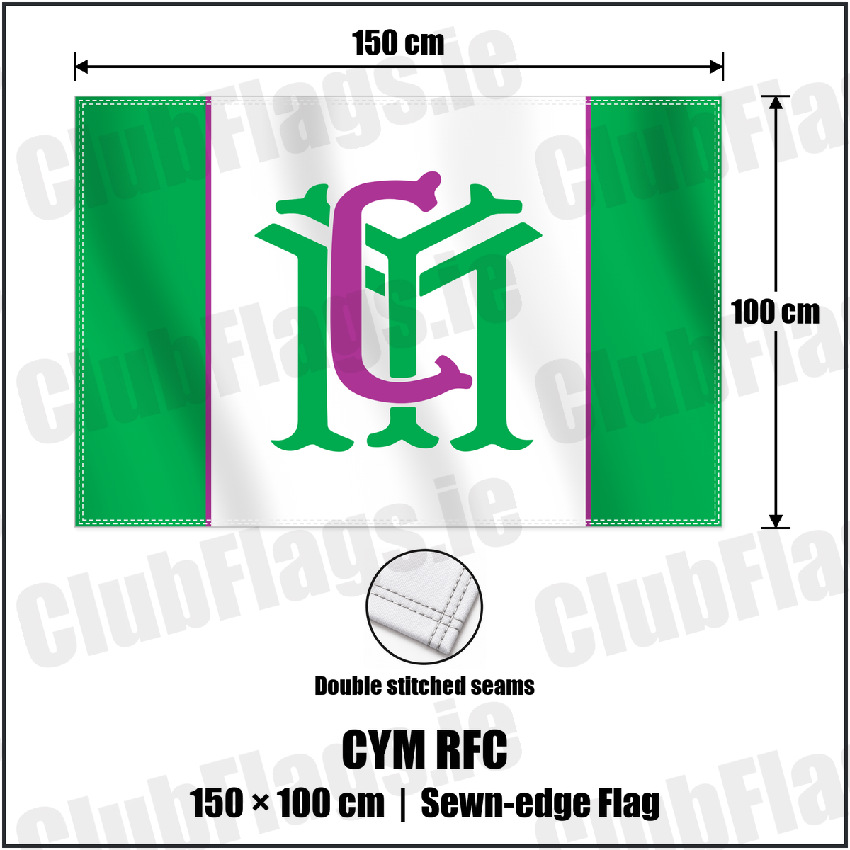 CYM RFC 100cm x 150cm Flag (sewn on the edges) with the club crest and colours, Dublin Rugby - ClubFlags.ie
