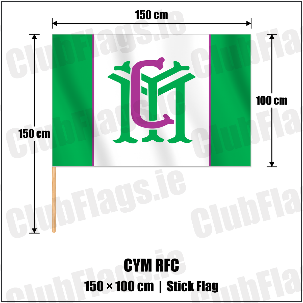 CYM RFC 100cm x 150cm Stick Flag with the club crest and colours, Dublin Rugby - ClubFlags.ie