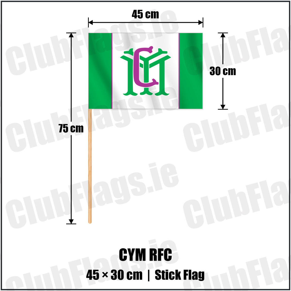 CYM RFC 30cm x 45cm Stick Flag with the club crest and colours, Dublin Rugby - ClubFlags.ie