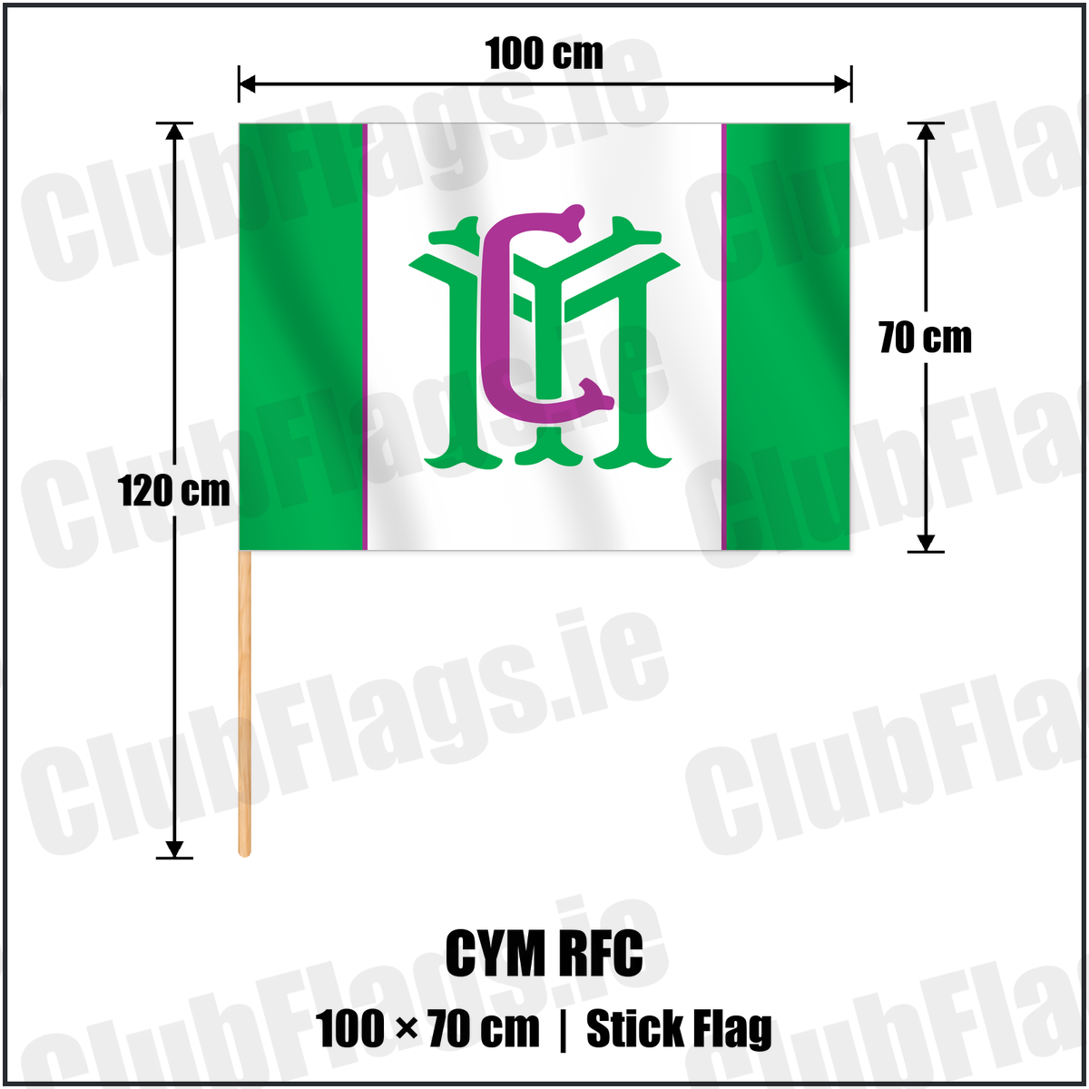 CYM RFC 70cm x 100cm Stick Flag with the club crest and colours, Dublin Rugby - ClubFlags.ie