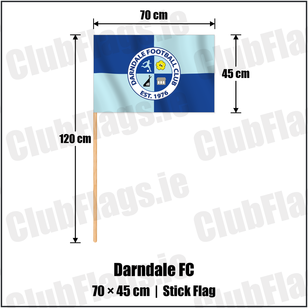 Darndale FC 45cm x 70cm Stick Flag with the club crest and colours, Dublin Football - ClubFlags.ie
